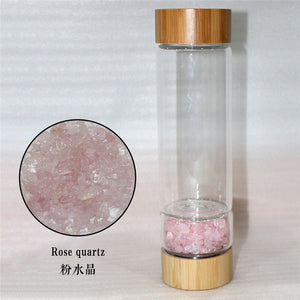 Open image in slideshow, Natural Crystal Stone Glass Water Bottle Healthy Energy Water Cup Bamboo Quartz Portable
