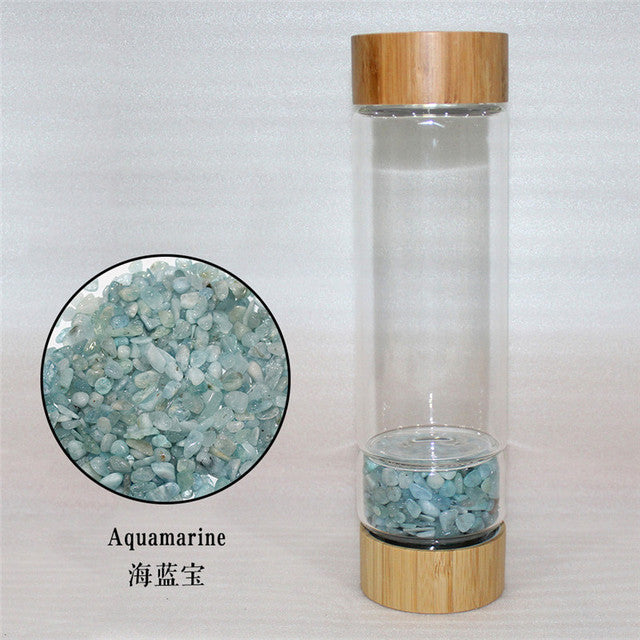Natural Crystal Stone Glass Water Bottle Healthy Energy Water Cup Bamboo Quartz Portable